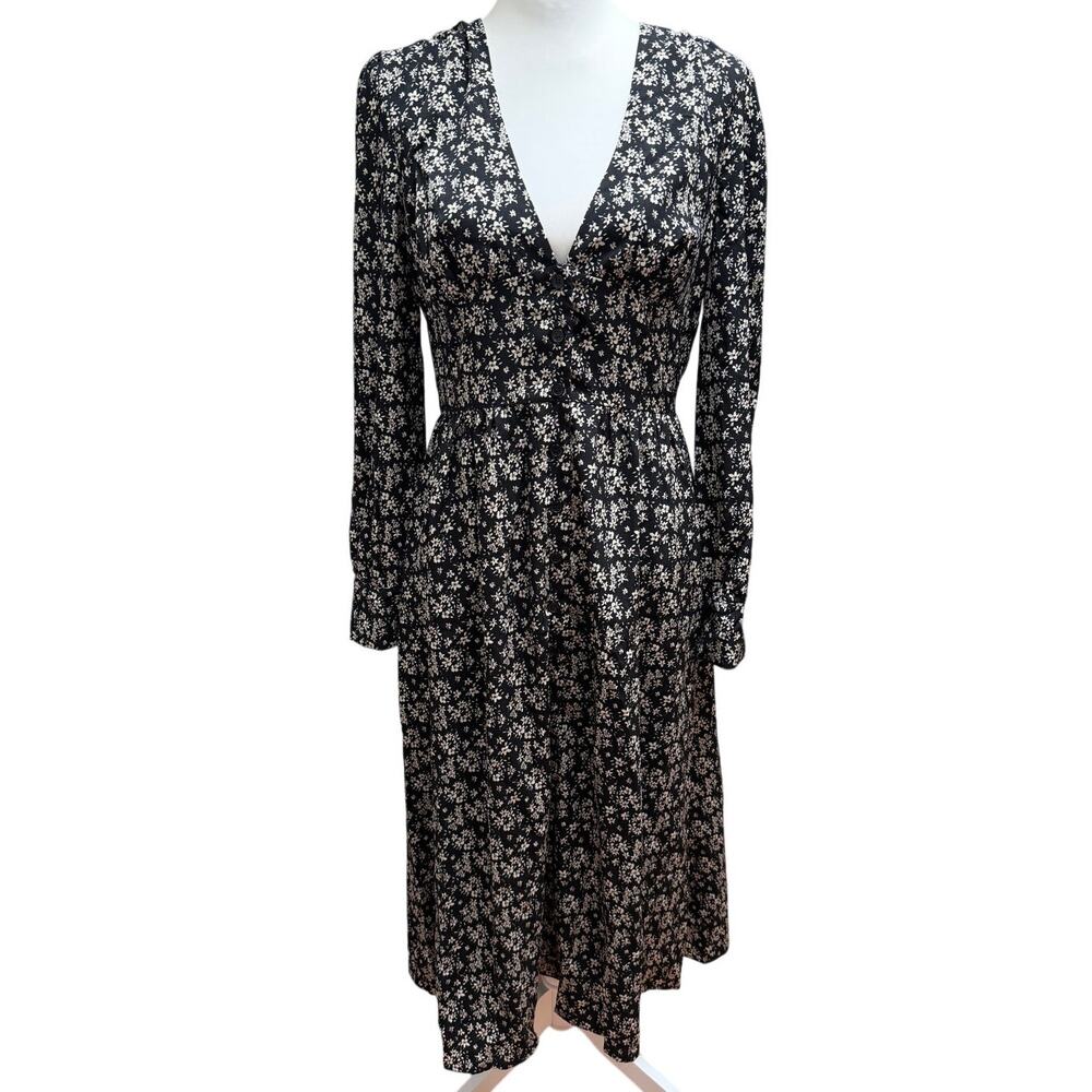 NEW Rihoas Black Floral Midi Dress Long Sleeve Boho Cottagecore Womens Medium